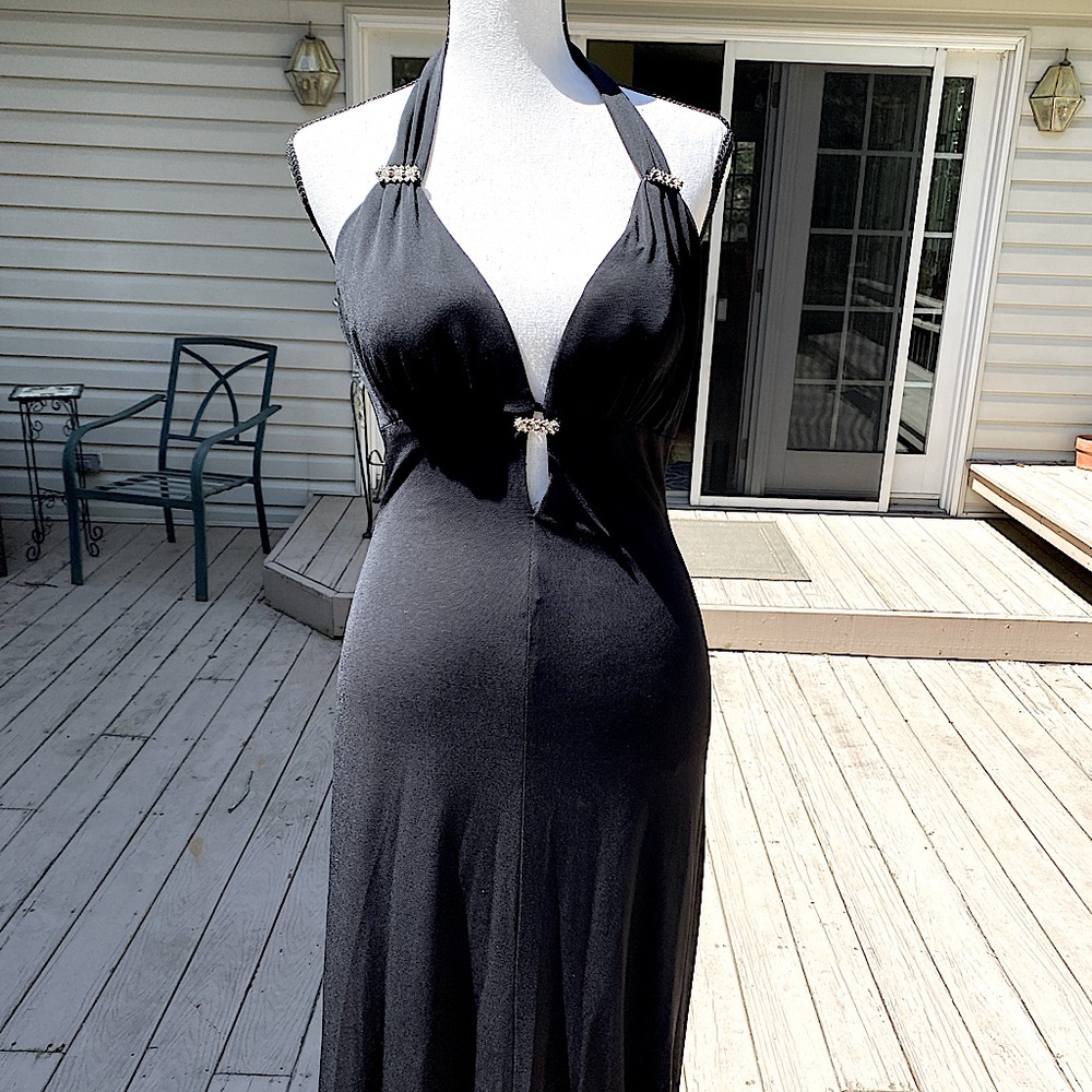 Y2K vintage Betsy&Adam halter, rhinestone jewels at chest and stunning fit.